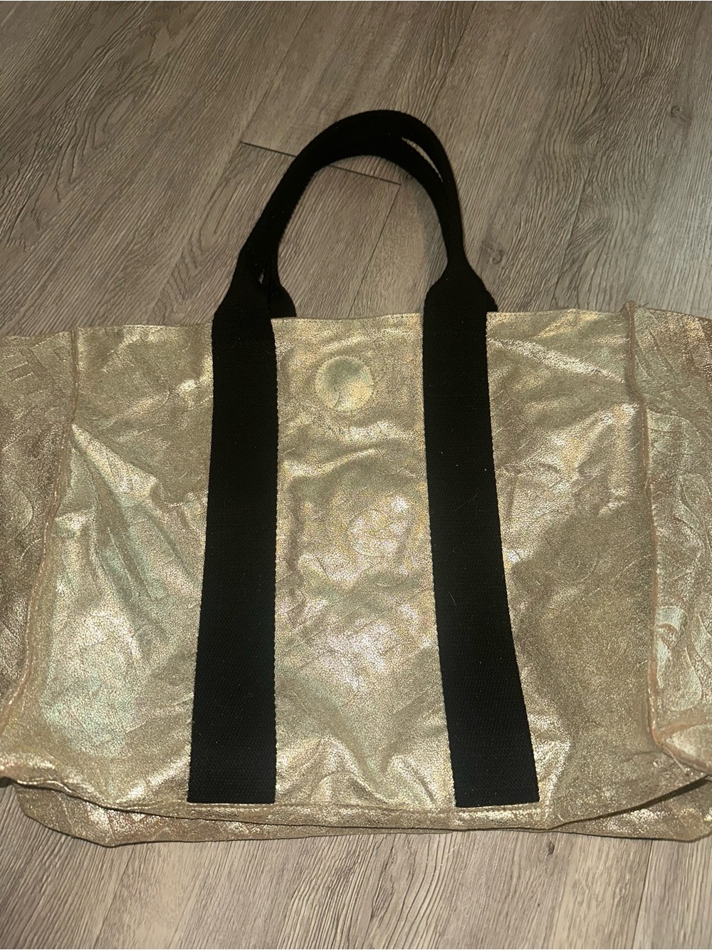 Victorias Secret Super Model Gold Metallic Tote Bag With Black Straps - Picture 3 of 8
